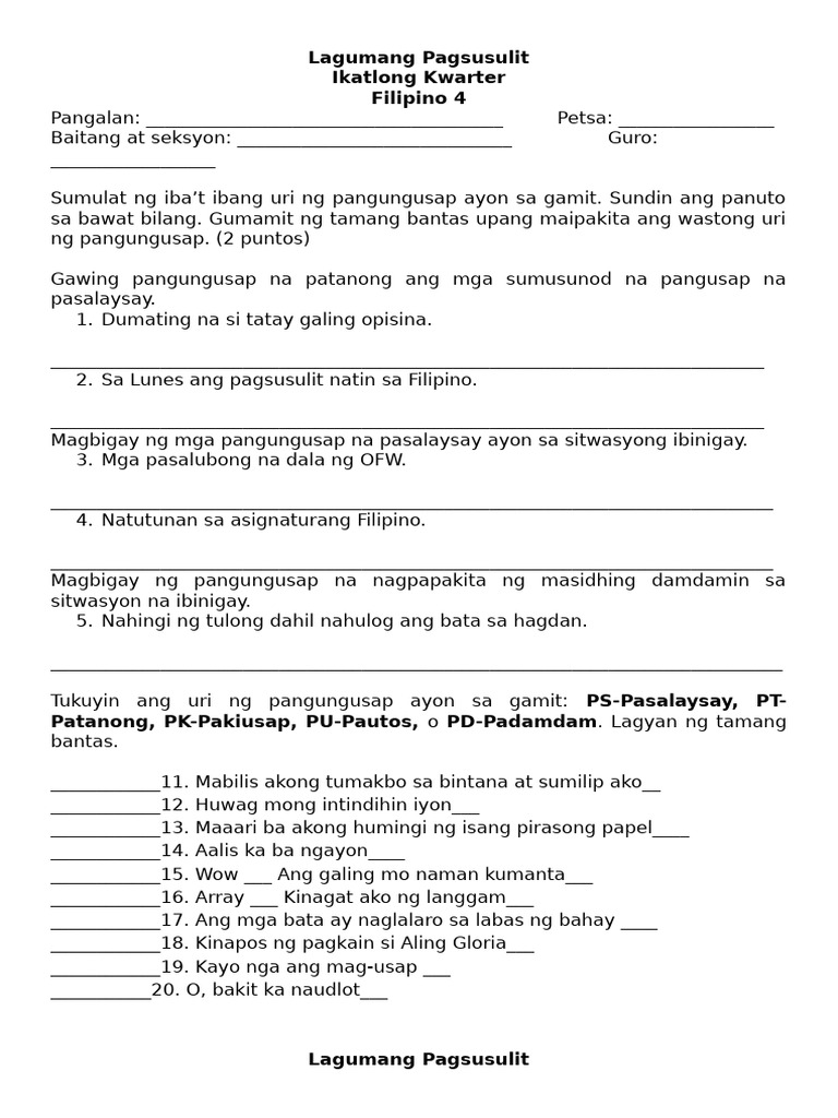 Lagumang Pagsusulit 1 Summative Test Filipino 4 | PDF
