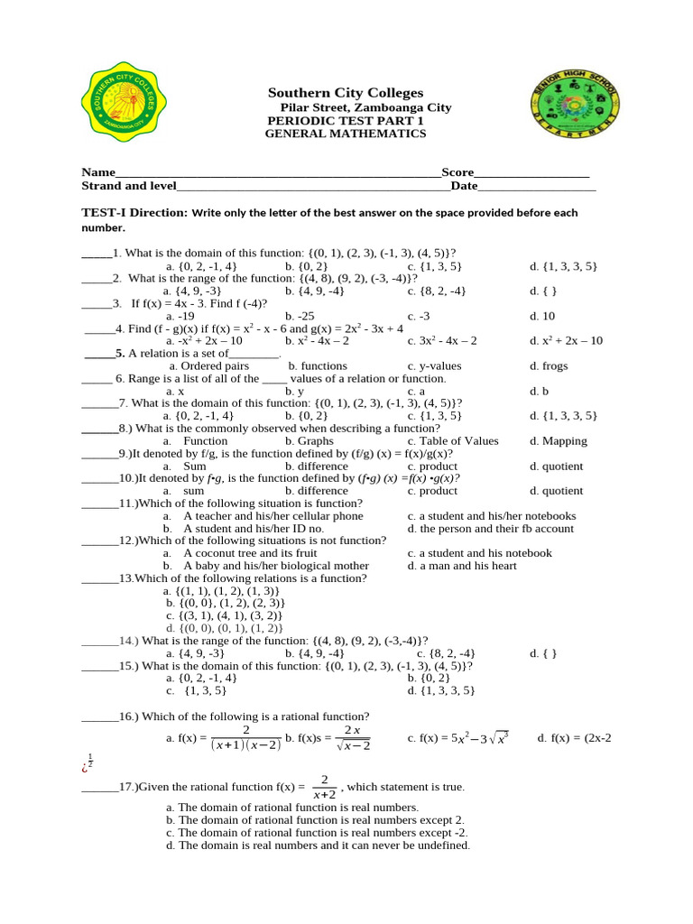 General Mathematics Periodic Test 1 | PDF | Asymptote | Function ...