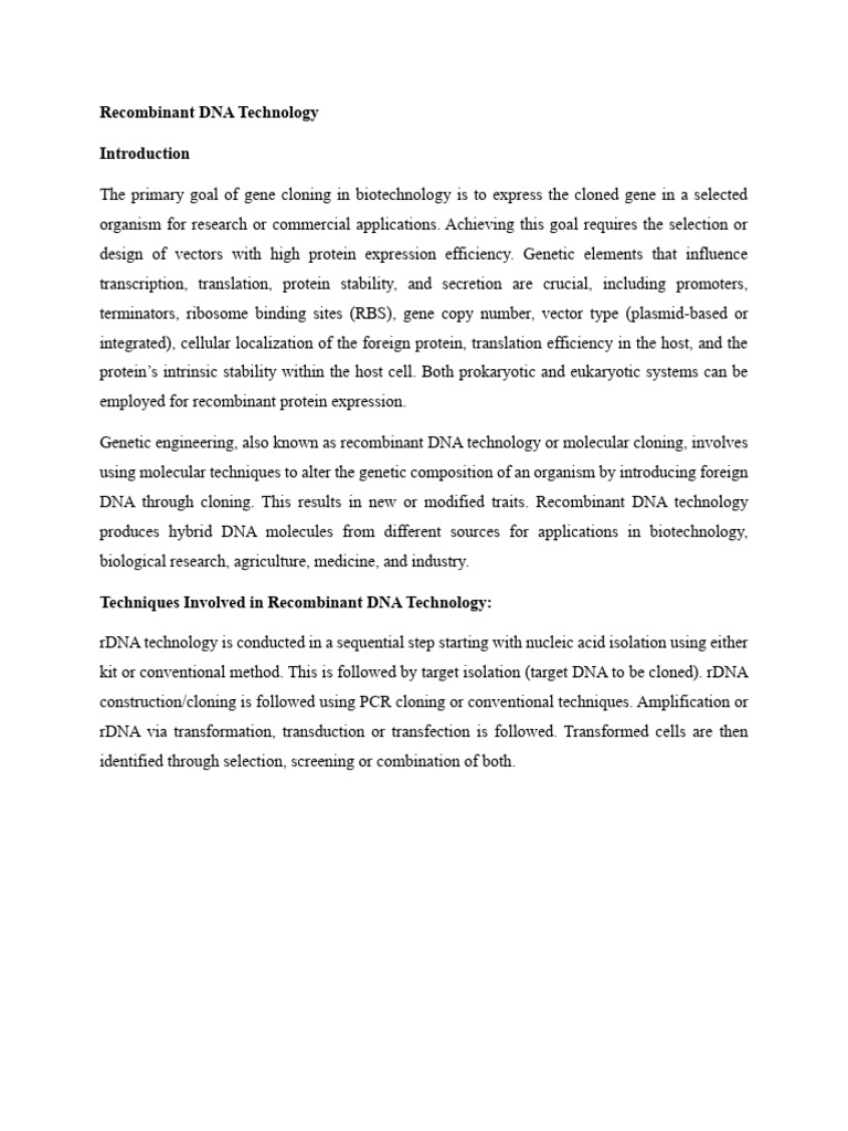 Recombinant DNA Technology Overview | PDF | Molecular Cloning ...