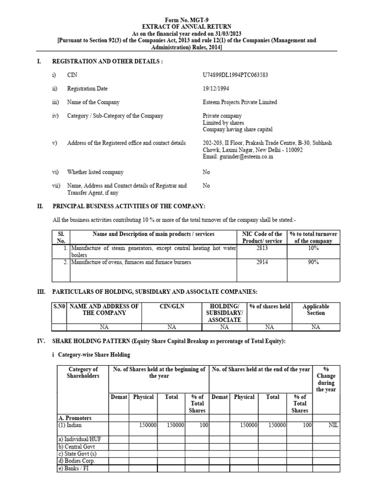 Annual Return Extract MGT-9 2023 | PDF | Income Tax | Loans