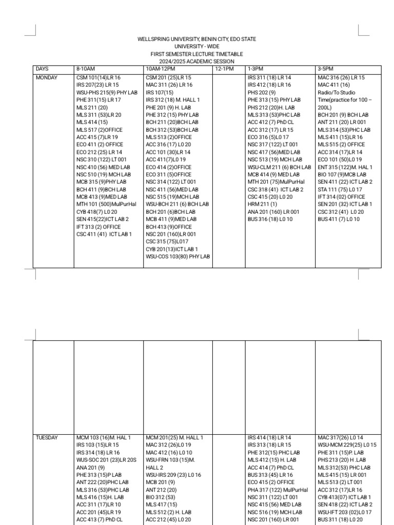 Updated Wellspring Time Table | PDF