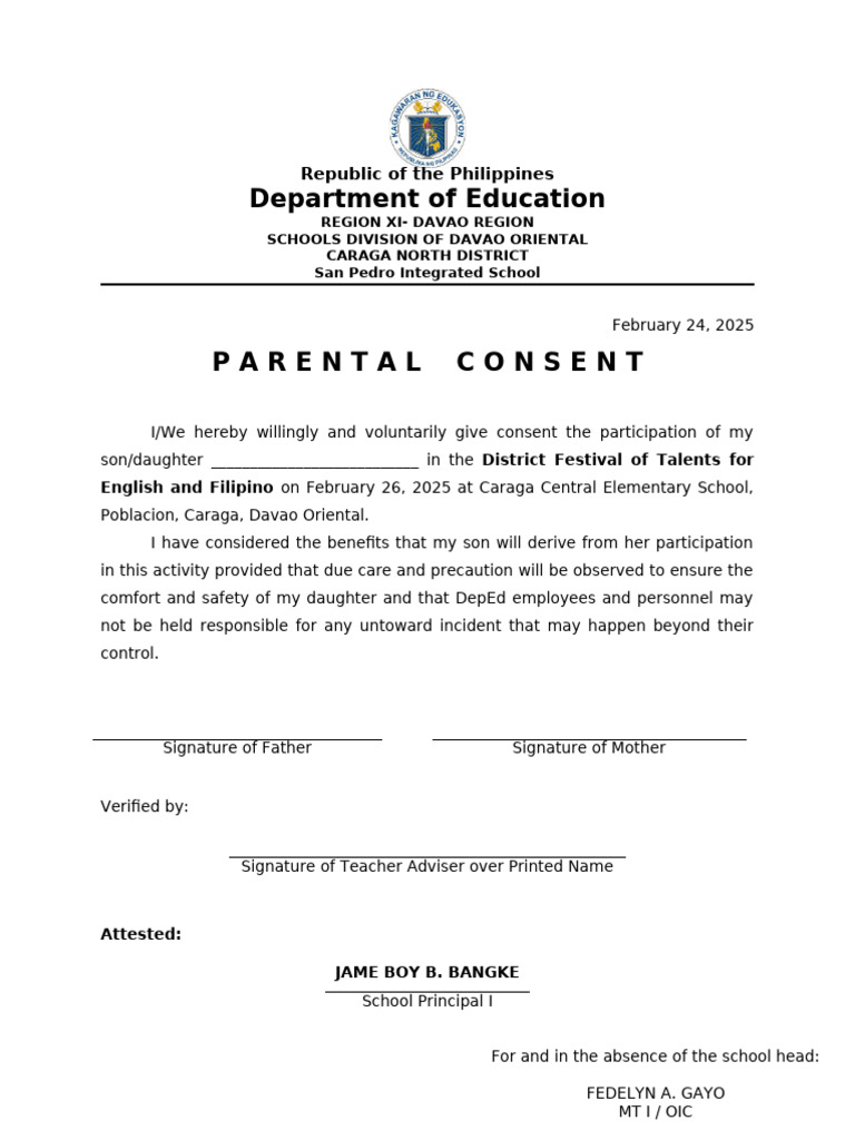 Parental Consent for District Festival Participation | PDF