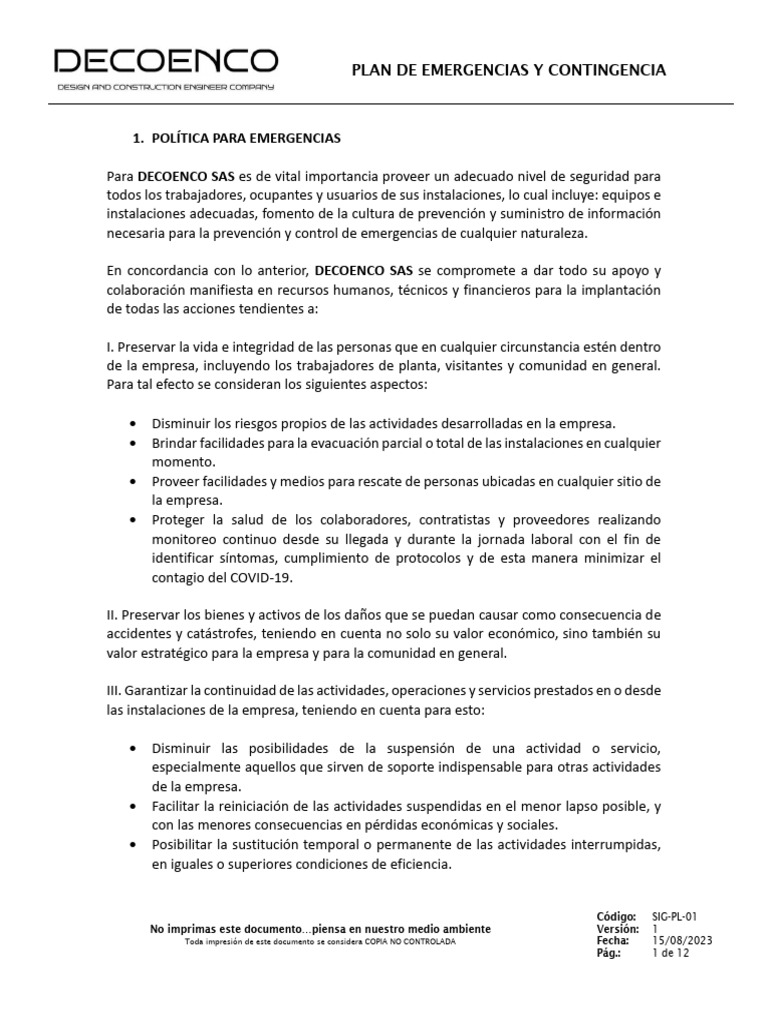 SIG-PL-01 Plan de Emergencias y Contingencia | PDF | Business ...