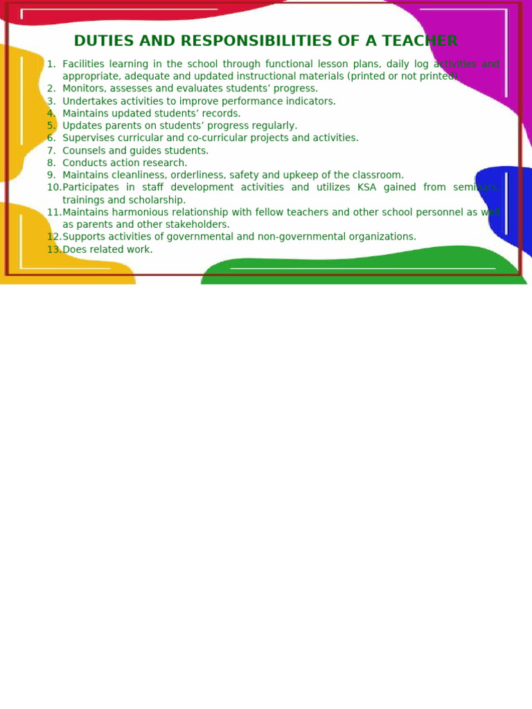 Teacher Duties and Responsibilities Guide | PDF