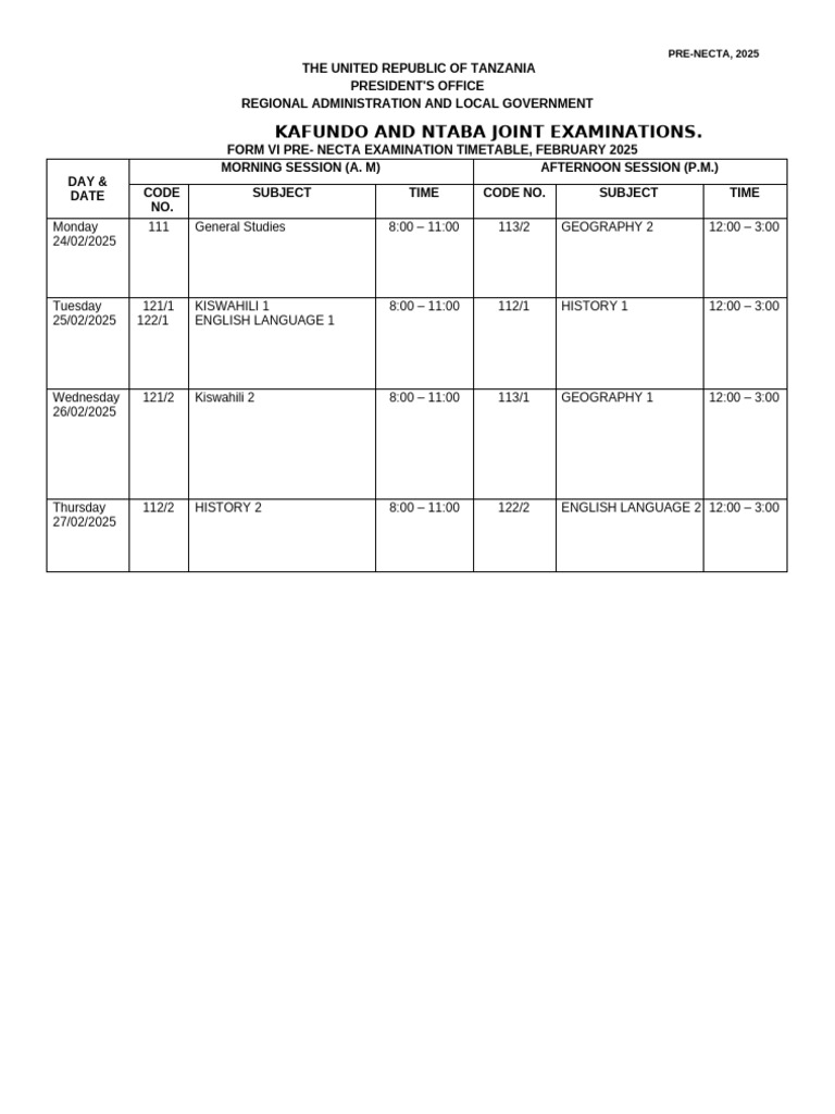Form VI Pre-Necta Timetable 2025 | PDF