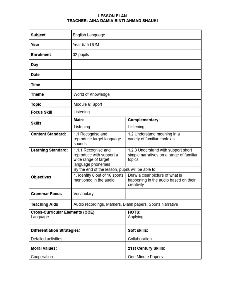 Year 5 English Listening Lesson Plan | PDF | Teachers | Linguistics