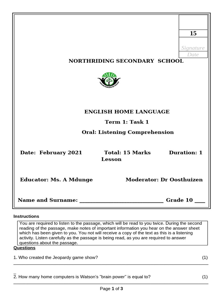 Grade 10 Listening Comprehension Task | PDF | Learning | Human ...