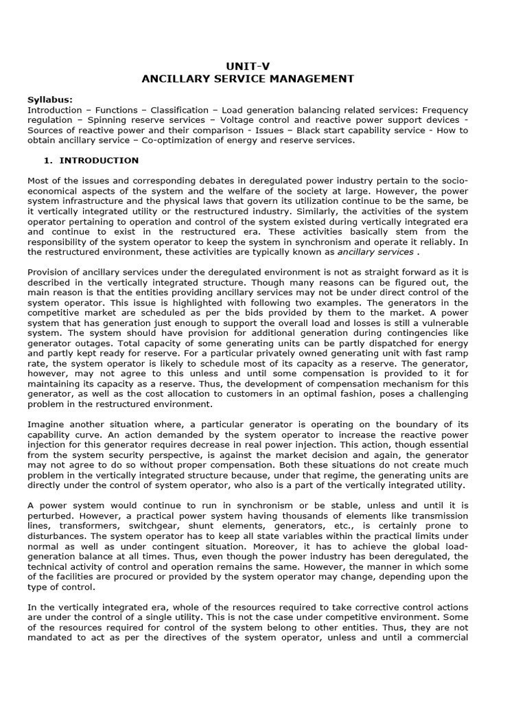 UNIT IV Ancillary Service Management | PDF | Capacitor | Electric Power ...