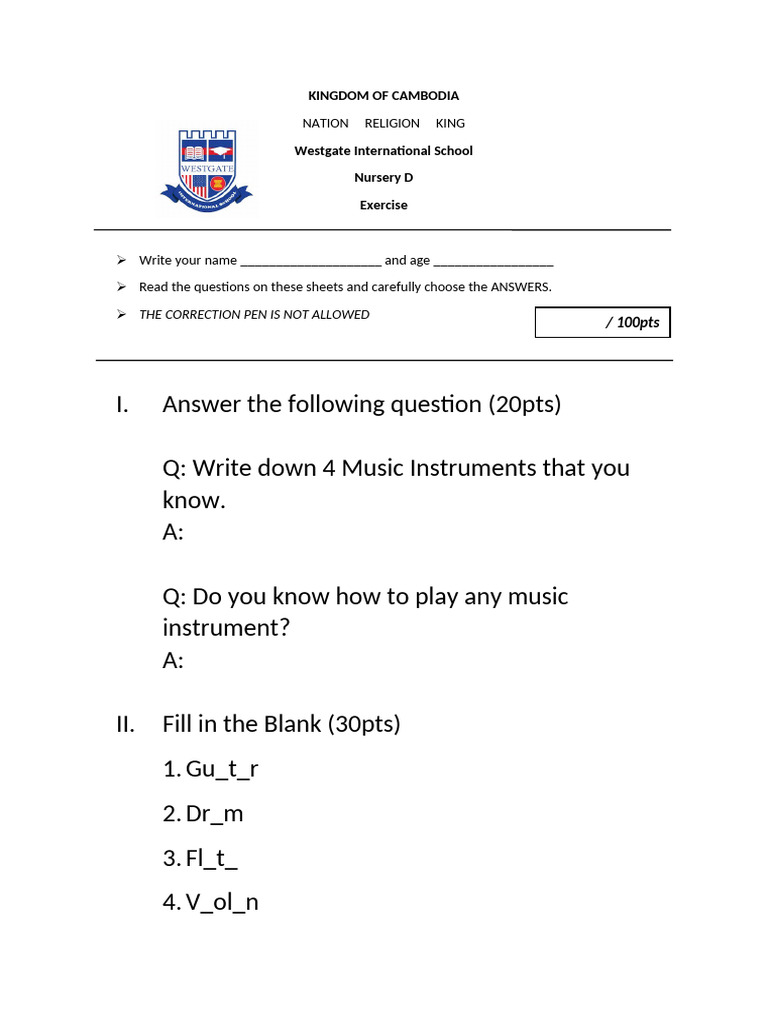 Music Instruments Exercise for Kids | PDF