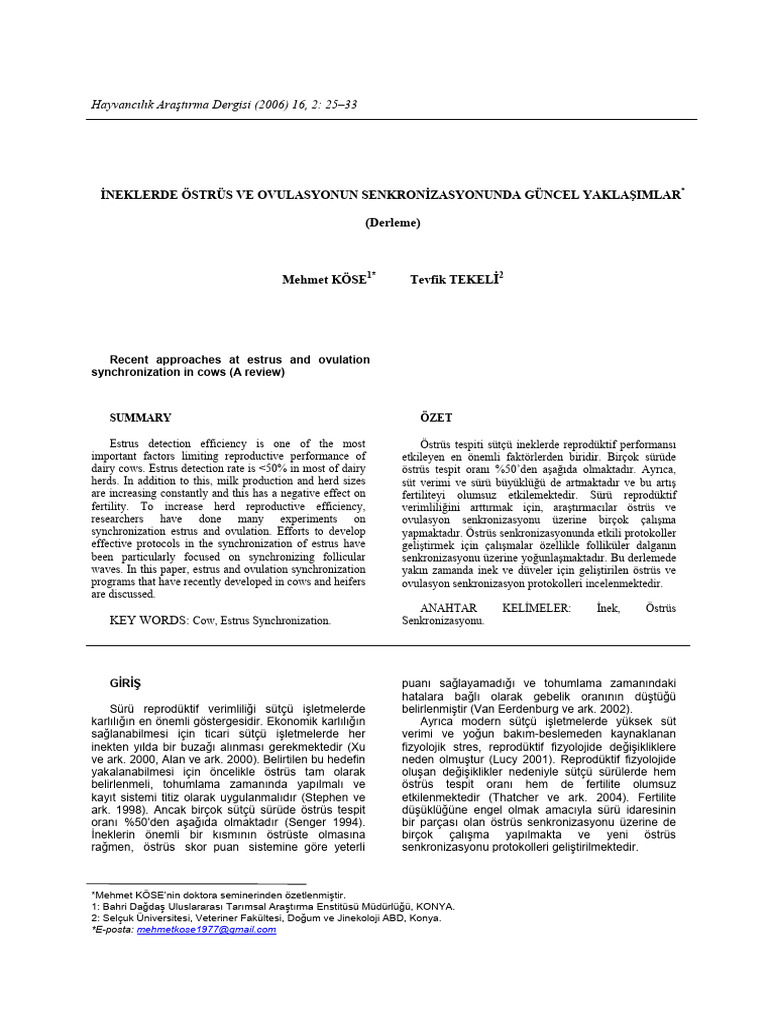Neklerde Östrüs Ve Ovulasyonun Senkron Zasyonunda Güncel Yakla Imlar ...