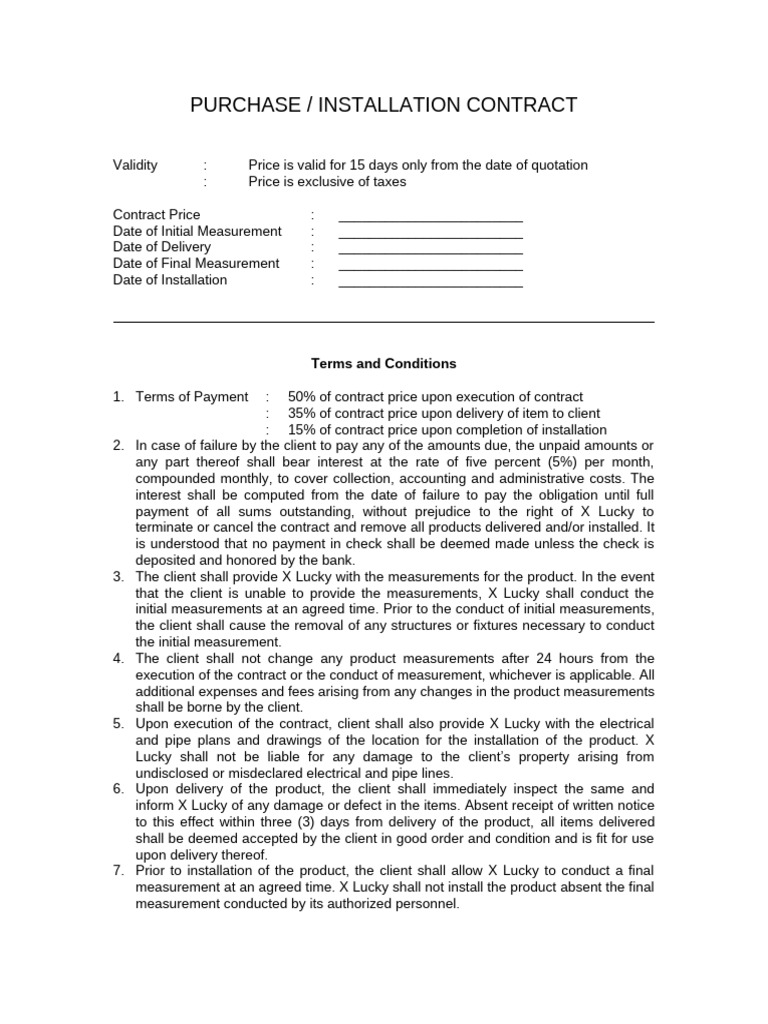 Purchase and Installation Contract Terms | PDF | Payments | Prices