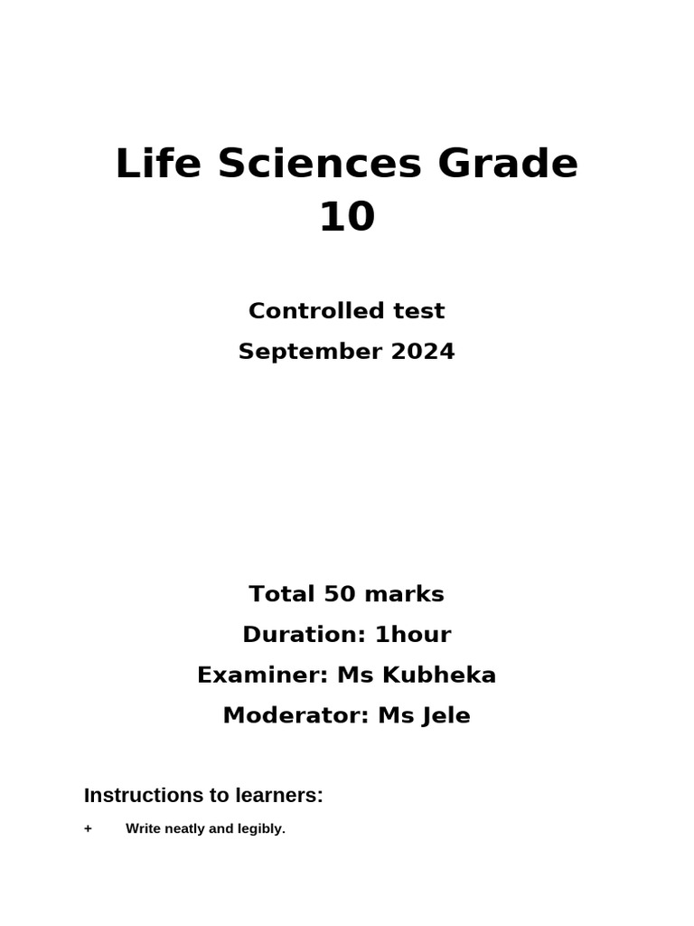Grade 10 Life Sciences Test September 2024 | PDF | Artery | Muscle