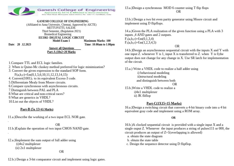 Digital Logic Circuit Model Exam Paper | PDF | Logic Gate | Electrical ...