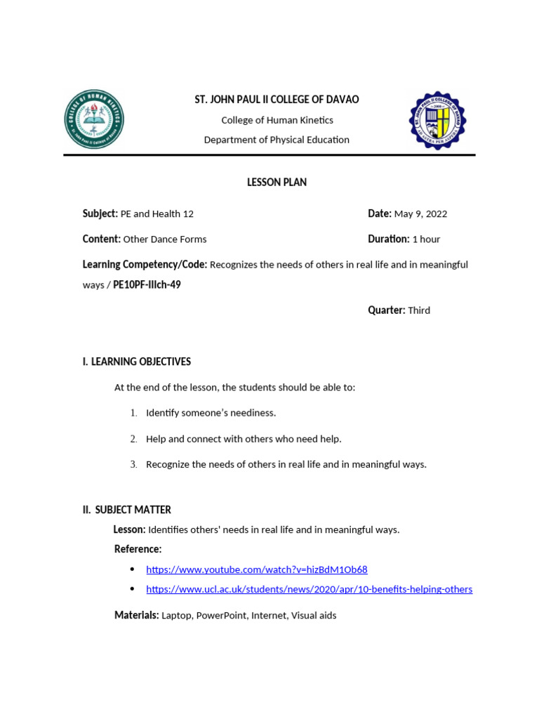 PE and Health 12 Lesson Plan: Helping Others | PDF | Cognition | Human ...