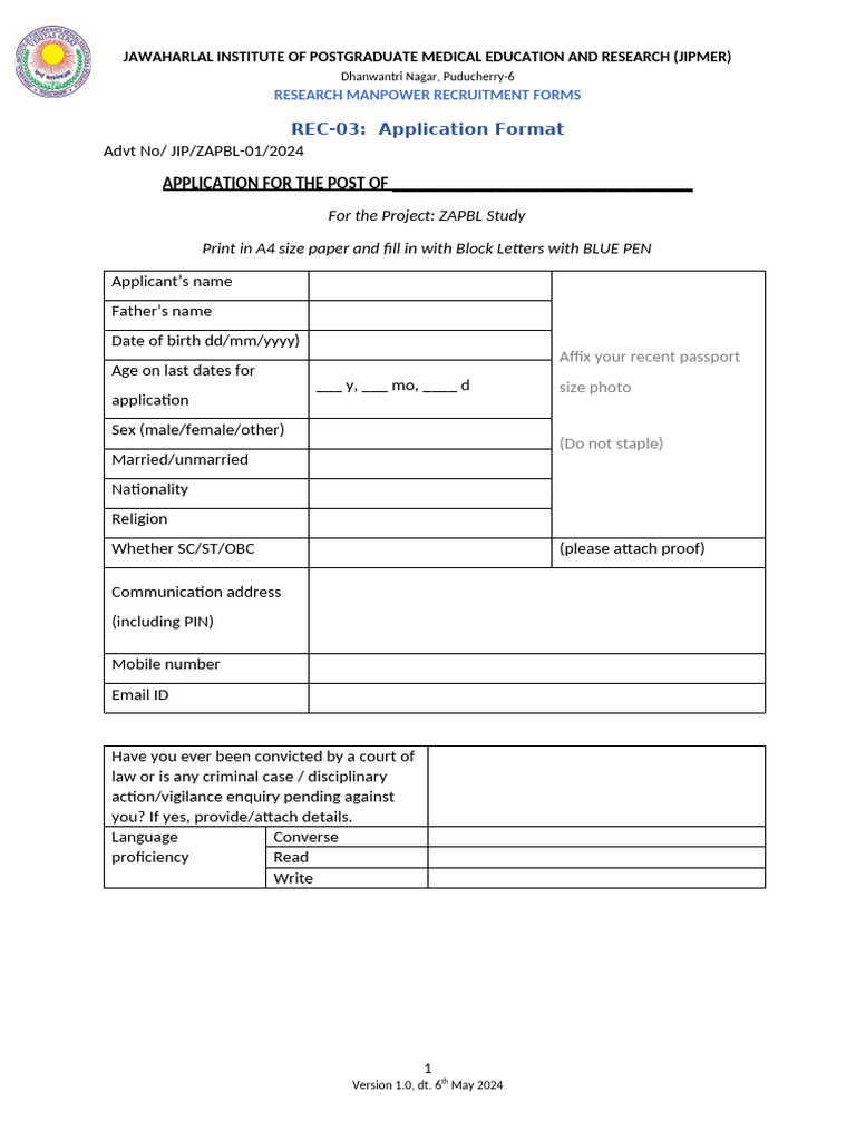 ZAPBL Project Application Form | PDF | Identity Document