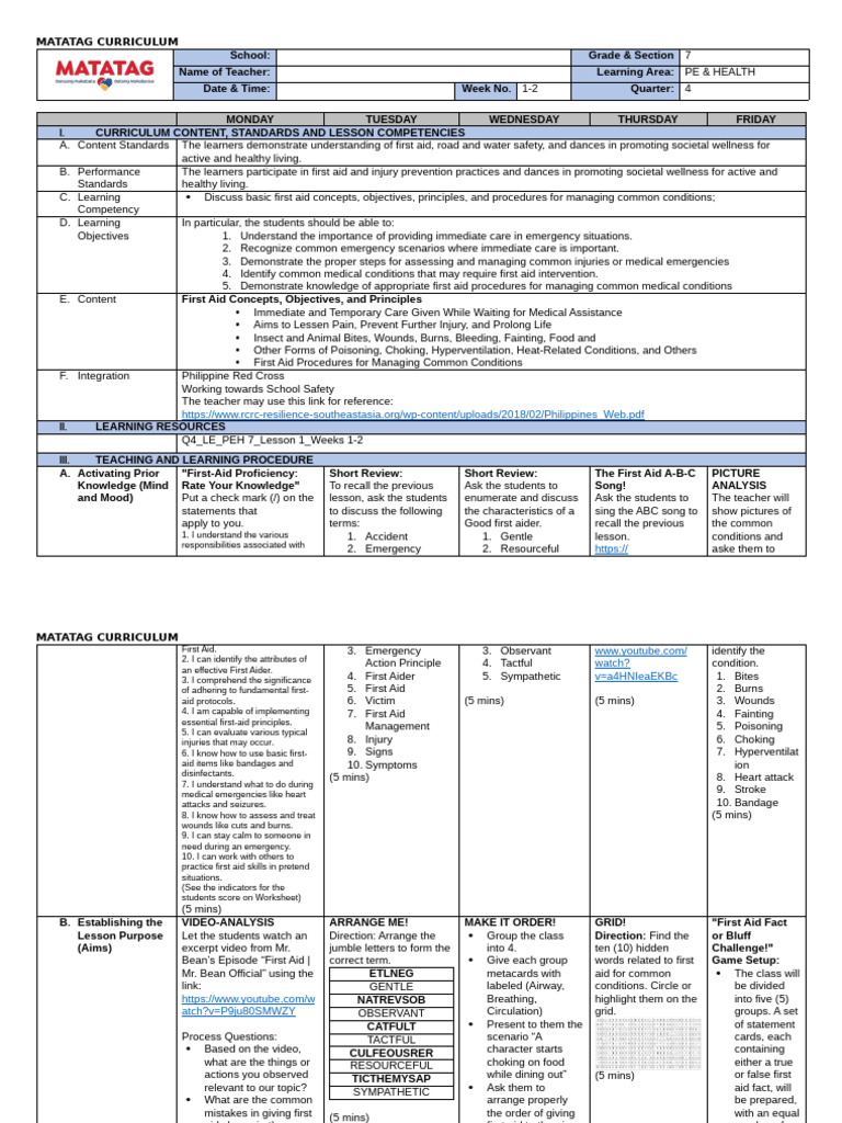 First Aid Curriculum for Grade 7 PE | PDF | First Aid | Learning