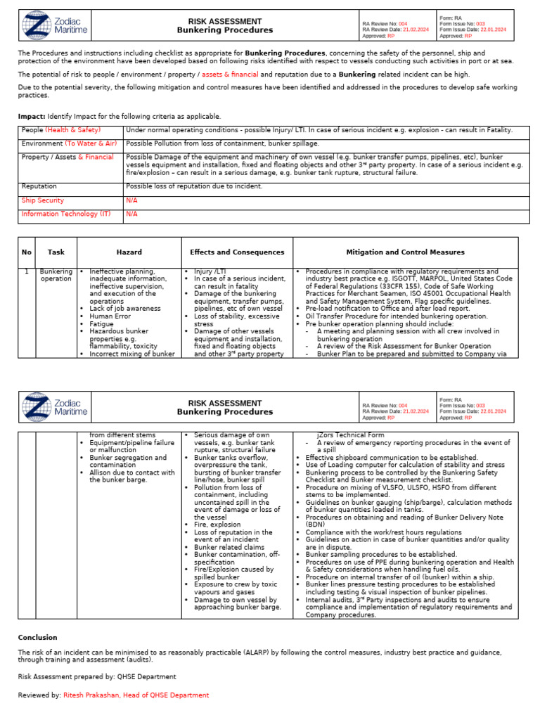 SI CH 20 - Bunkering Procedures | PDF | Risk | Oil Spill