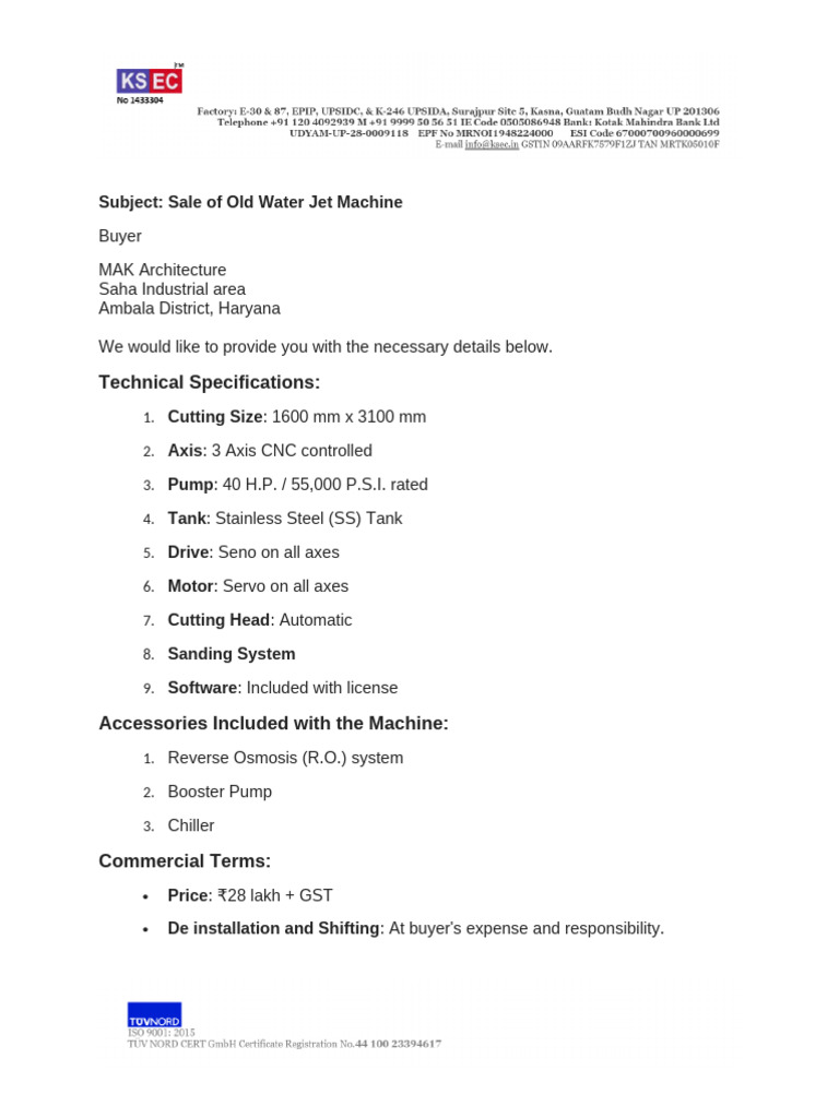 Technical Specifications:: Subject: Sale of Old Water Jet Machine | PDF