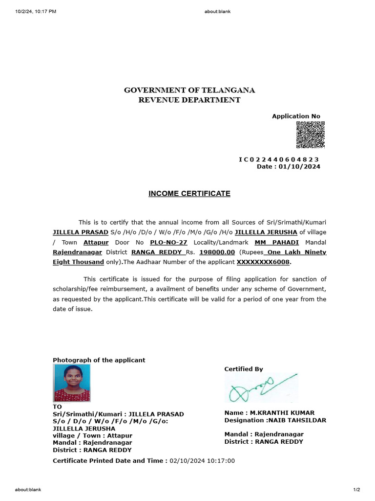 Telangana Income Certificate 2024 | PDF