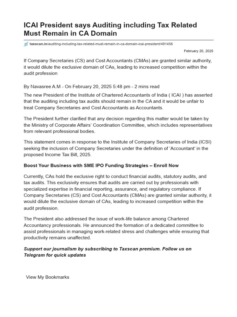 Icai President Auditing Must Stay With Cas Pdf