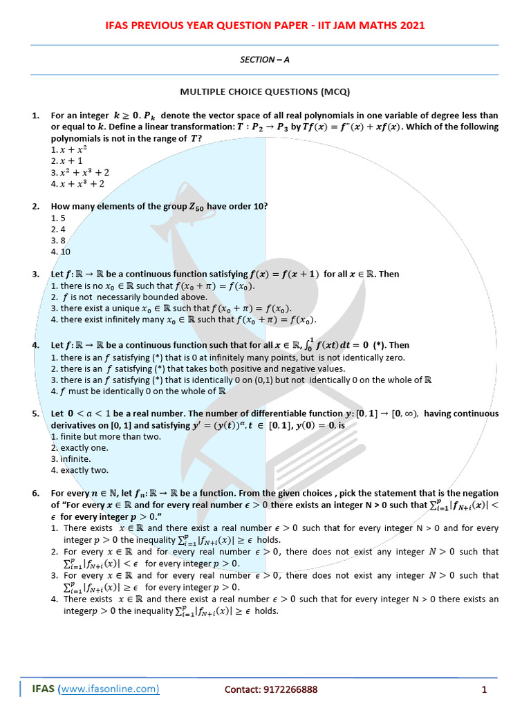 Ifas Previous Year Question Paper - Iit Jam Maths 2021: Multiple Choice ...