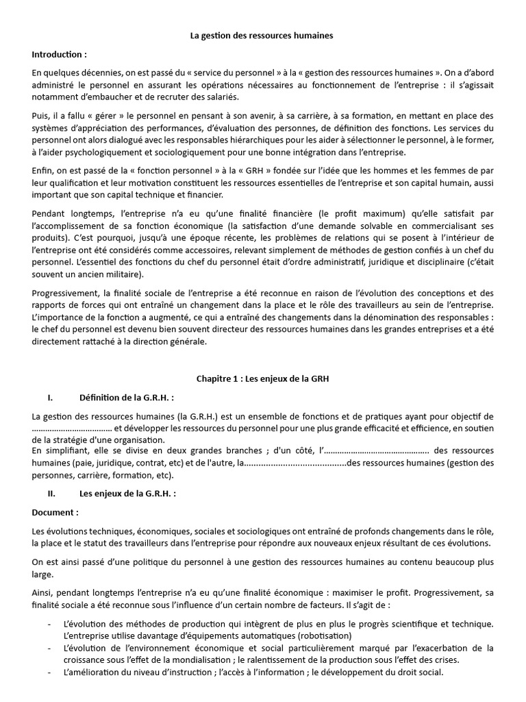 Gestion des Ressources Humaines : Enjeux et Domaines | PDF ...