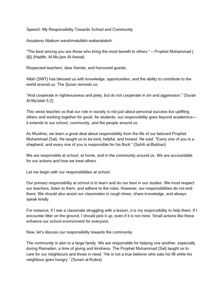 Speech - My Responsibility Towards School and Community | PDF ...