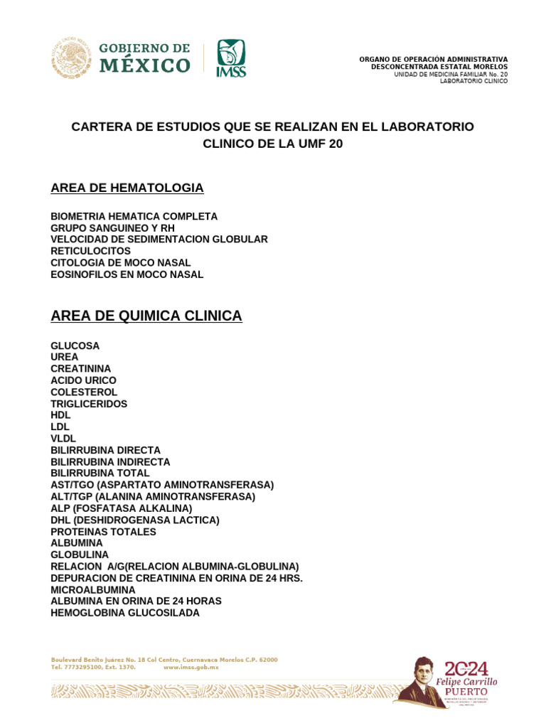 Estudios Sanguíneos en UMF 20 Morelos | PDF | Transaminasa | Sangre