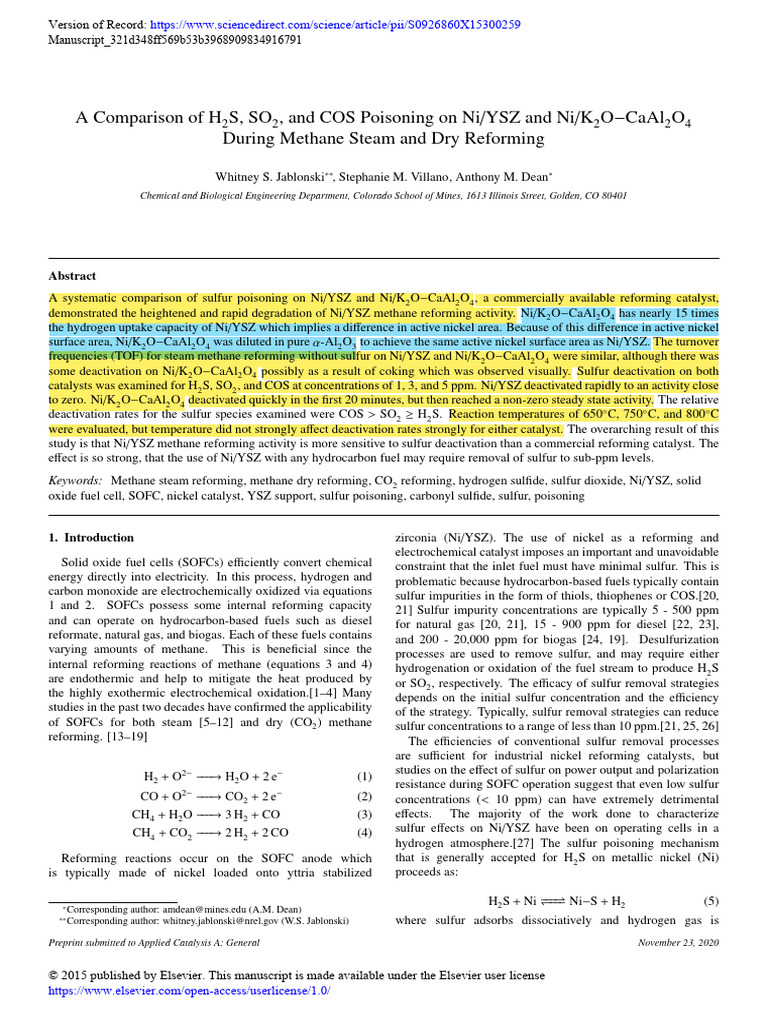 Sulfur Poisoning in Ni/YSZ vs Ni/K2O-CaAl2O4 | PDF | Solid Oxide Fuel ...