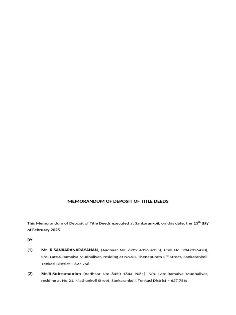 Memorandum for Title Deed Deposit | PDF | Mortgage Law | Property Law