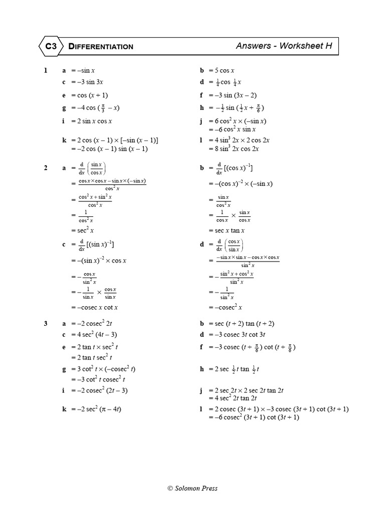 Worksheet H - Differentiating Trigonometric functions Solutions (1 ...
