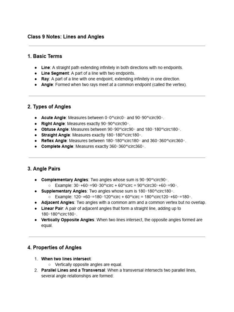 Class 9 Notes - Lines and Angles | PDF | Elementary Mathematics ...