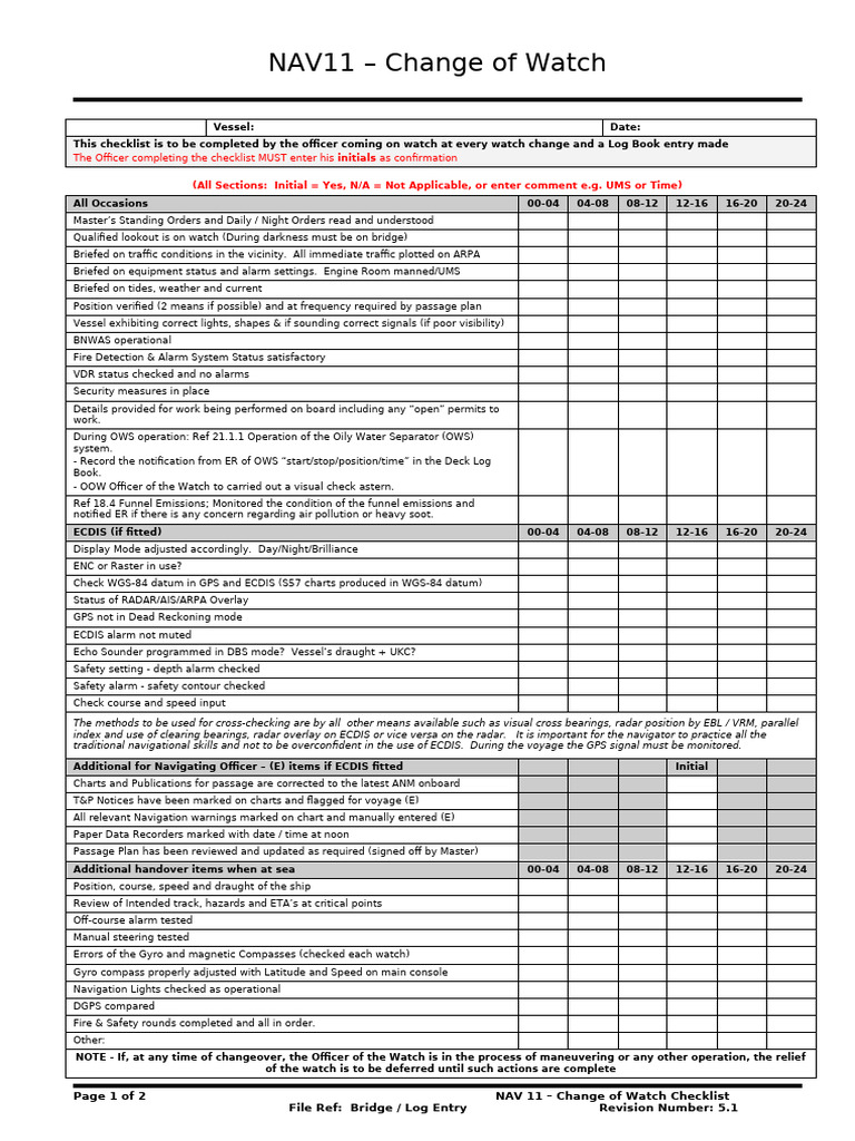 Change of Watch Checklist for Vessels | PDF | Navigation | Navigator