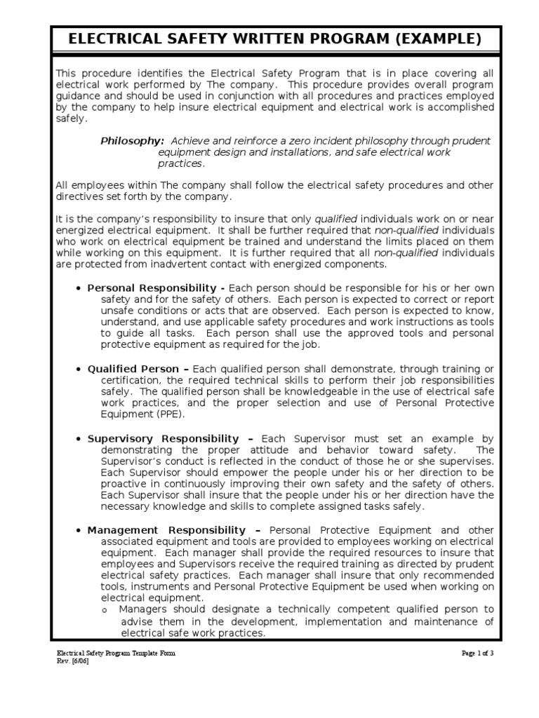 Electrical Safety Written Program (Example) FORM PDF Safety