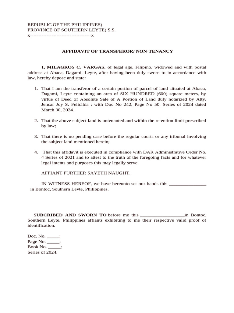 Affidavit of Non-Tenancy Transfer | PDF