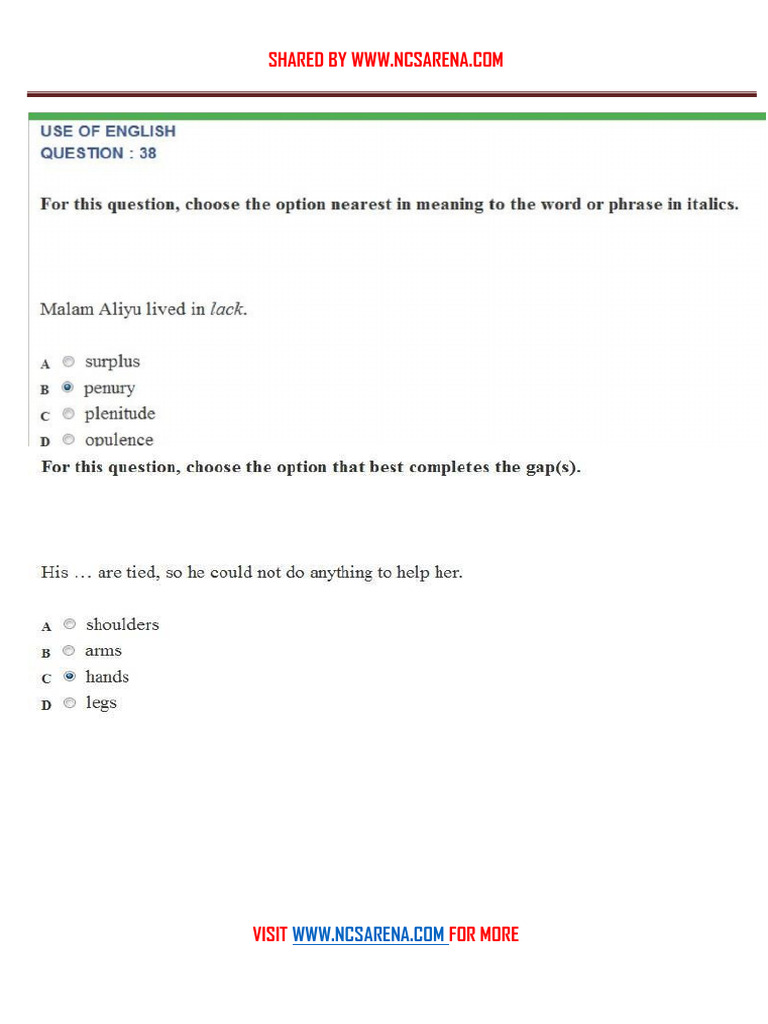ENGLISH 2021 UTME Repeated and Likely Question Questuins and Answers | PDF