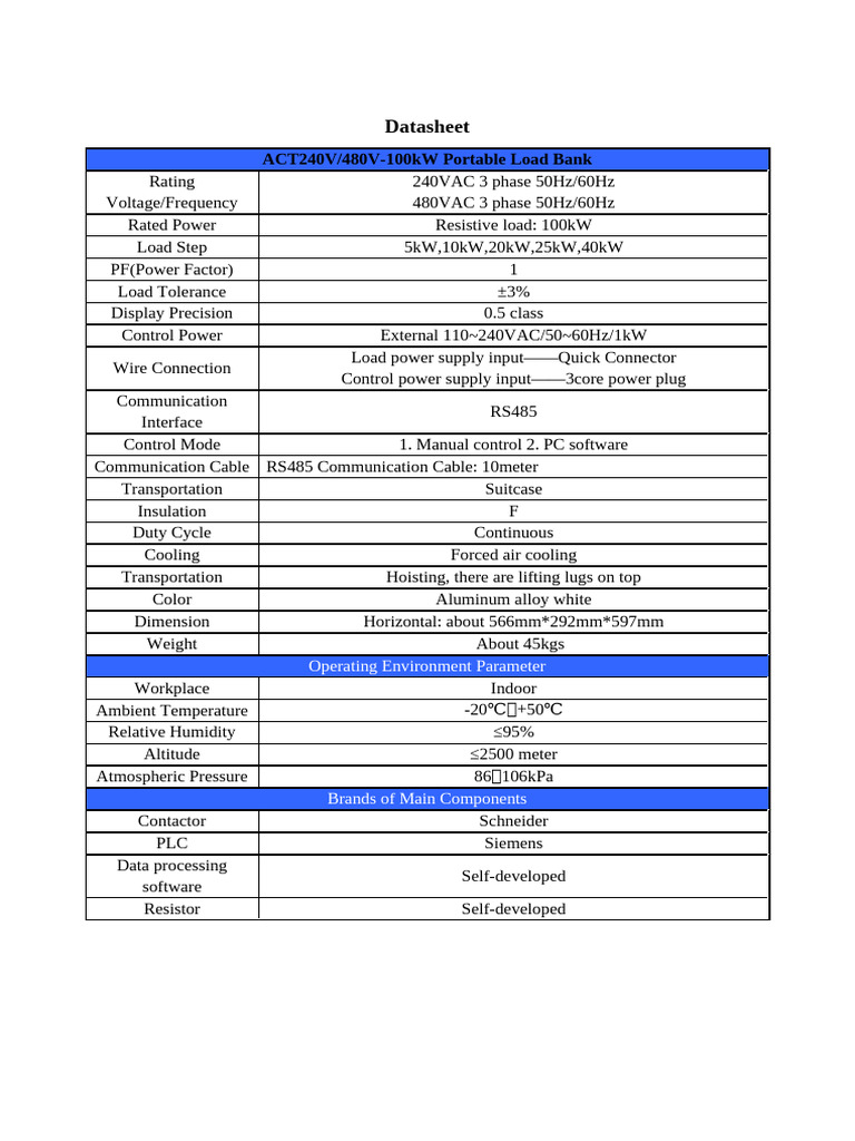 100kW Portable Load Bank Datasheet | PDF