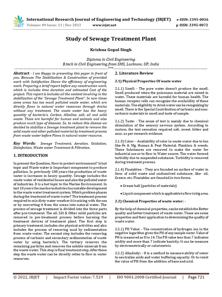 Sewage Treatment Plant Study Report | PDF | Sewage Treatment | Water