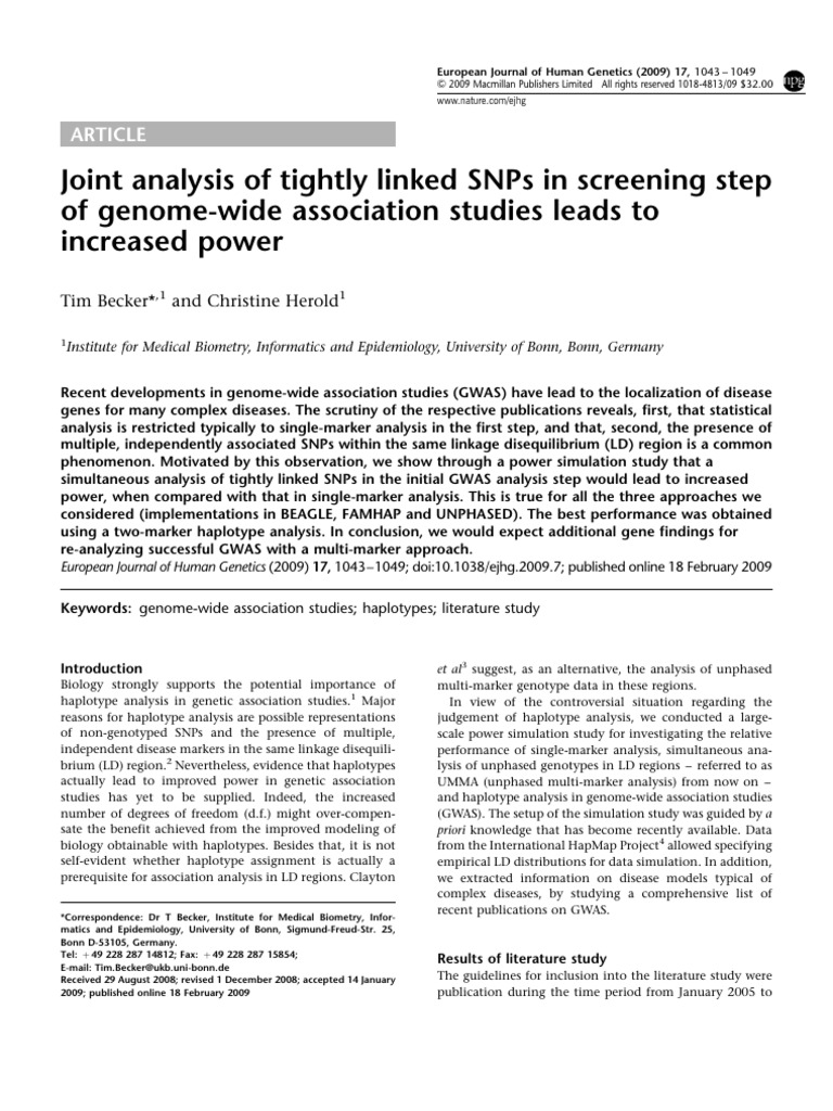 Joint Analysis of Tightly Linked SNPs in Screening Step of Genome-Wide ...