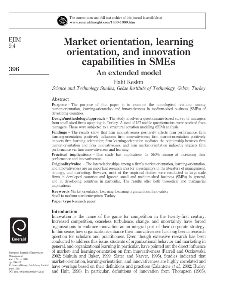 Market Orientation and Innovation in SMEs | PDF | Factor Analysis ...