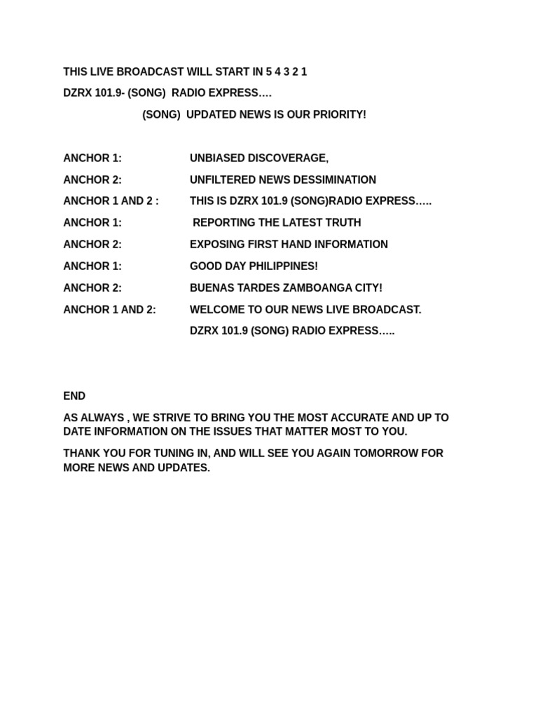 DZRX 101.9 Live News Broadcast | PDF