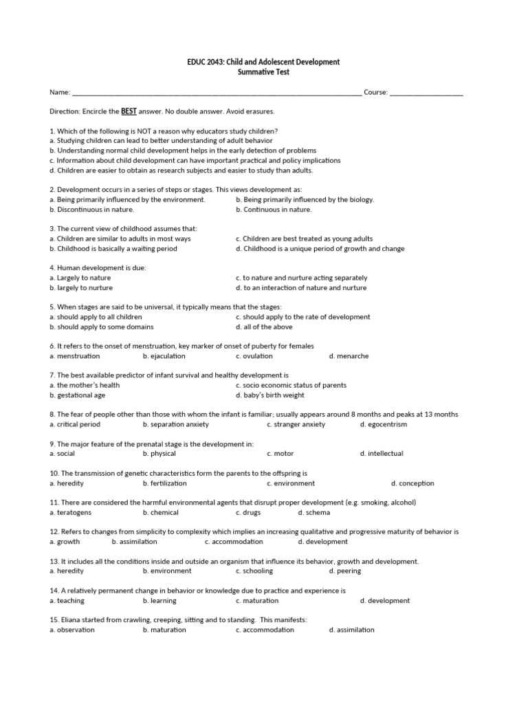 Child and Adolescent Development Test | PDF | Adolescence | Child ...
