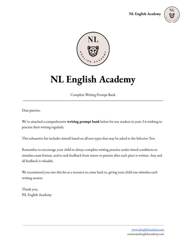 (Volume 1A) Writing Prompt Bank - NL English Academy | PDF