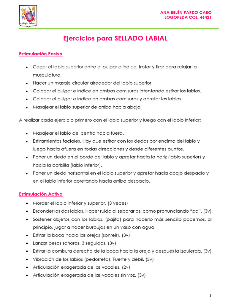 Ejercicios de Sellado Labial en Logopedia | PDF