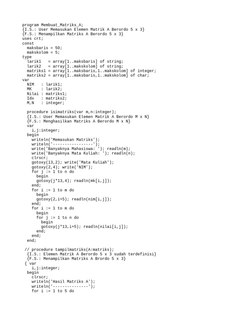 Code Program untuk membuat matriks A | PDF