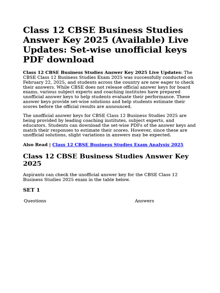 Class 12 CBSE Business Studies Answer Key 2025 | PDF | Equity (Finance ...