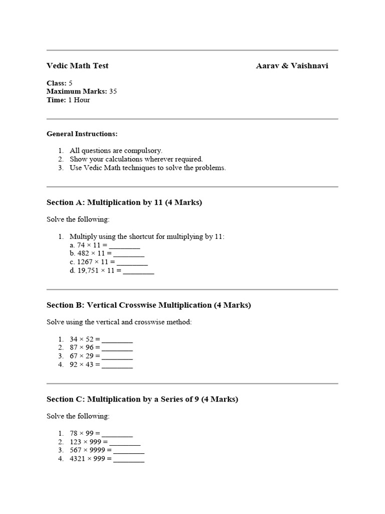 Vedic Math Test Aarav & Vaishnavi: Class: Maximum Marks: Time | PDF