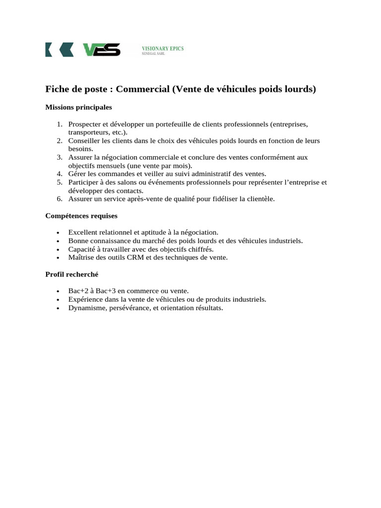 Fiche de Poste : Commercial Poids Lourds | PDF