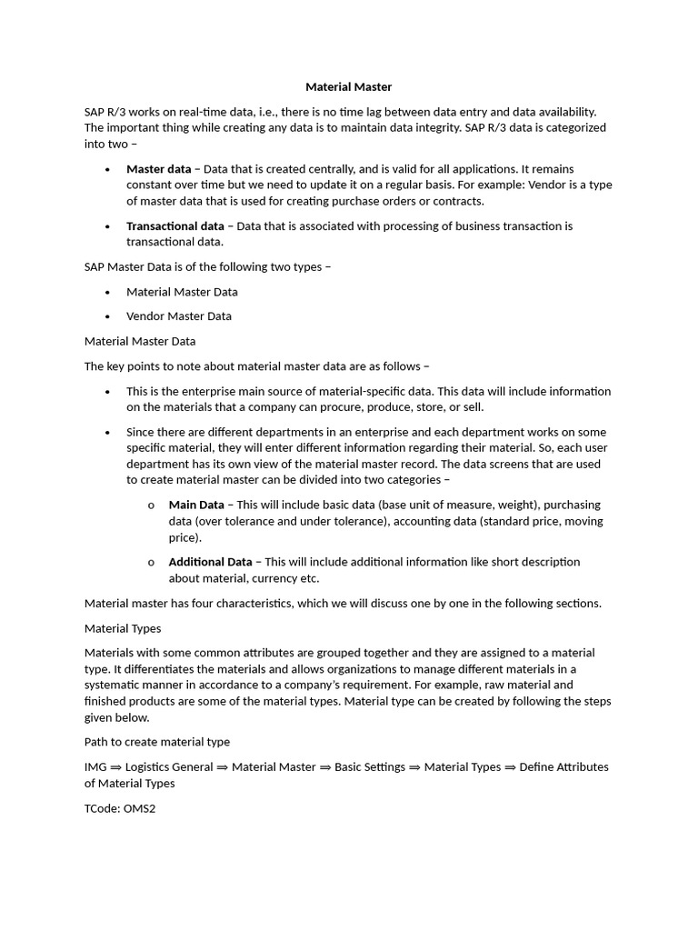 SAP Material Master Data Guide | PDF | Data | Business