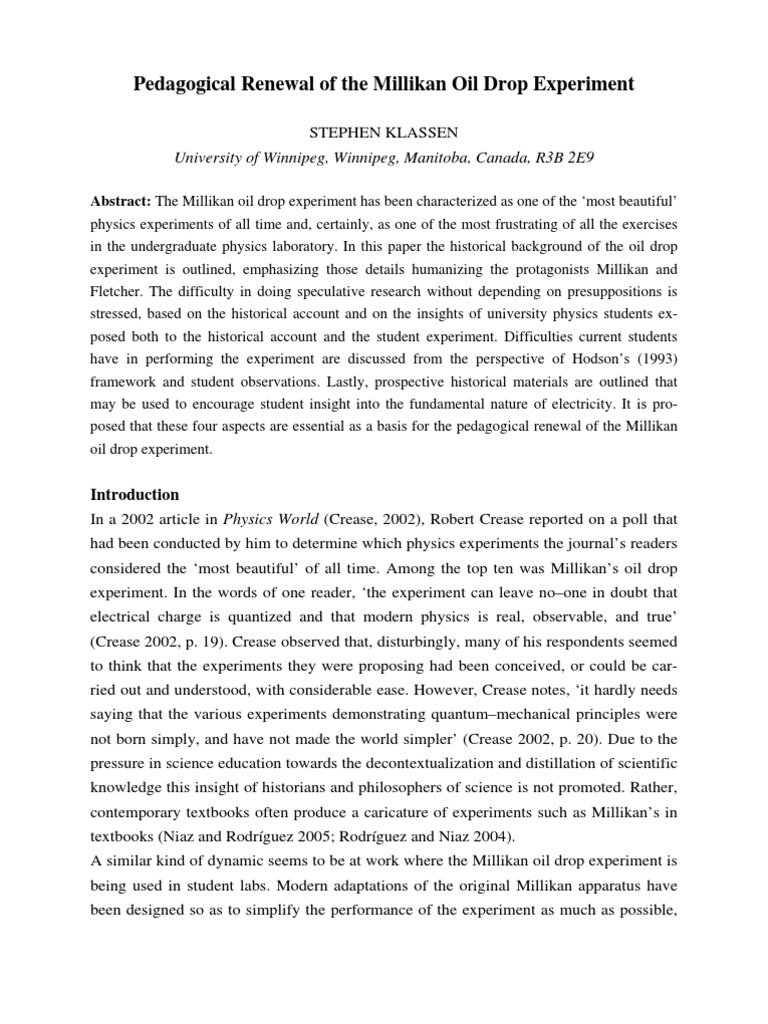 Pedagogical Renewal of The Millikan Oil Drop Experiment PDF